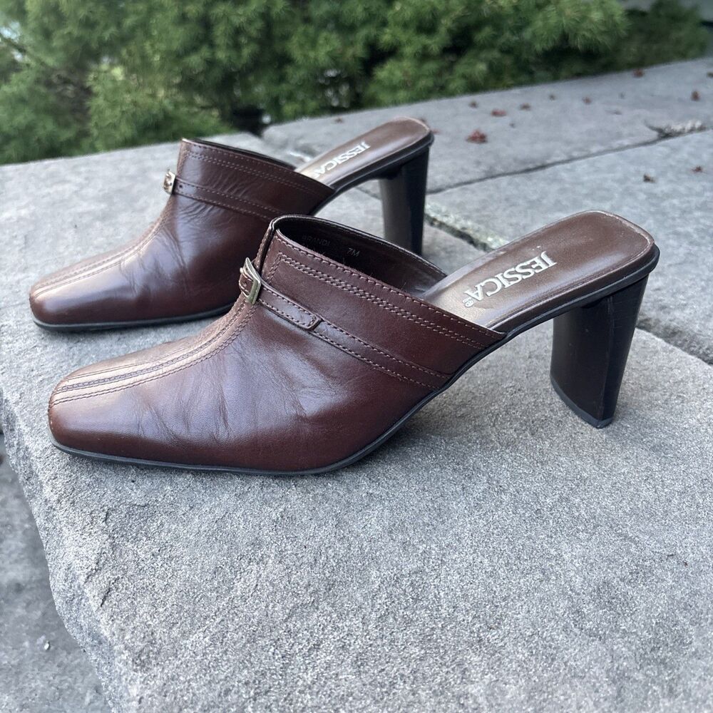 Women’s Vintage Jessica Brown Leather Backless Heels Size 7
